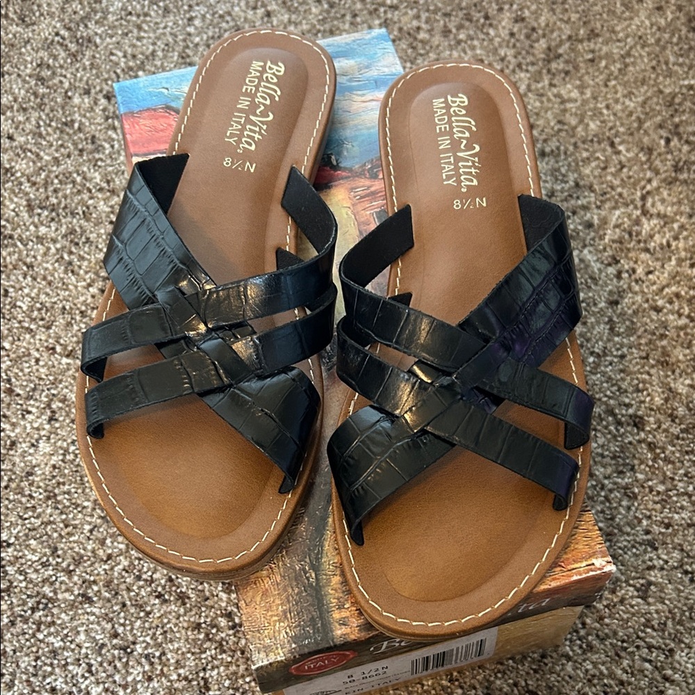 Bella Vita Black Croc-Embossed Leather Slide Sandals